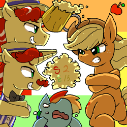 Size: 600x600 | Tagged: safe, artist:yajima, derpibooru import, applejack, flam, flim, rainbow dash, earth pony, pegasus, pony, the super speedy cider squeezy 6000, cider, crying, flim flam brothers, pixiv