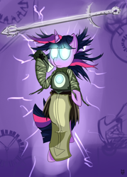 Size: 1000x1400 | Tagged: safe, artist:cheshiresdesires, derpibooru import, twilight sparkle, crossover, glowing eyes, nox, noximilian, solo, sword, wakfu, weapon, wip, xelor