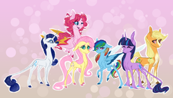 Size: 2200x1247 | Tagged: safe, artist:australian-senior, derpibooru import, applejack, fluttershy, pinkie pie, rainbow dash, rarity, twilight sparkle, unicorn twilight, classical unicorn, crystal pony, earth pony, pegasus, pony, unicorn, alternate universe, cloven hooves, colored hooves, colored wings, colored wingtips, earth pony fluttershy, eyes closed, female, gradient mane, group, kirindos, leonine tail, mane six, mare, one eye closed, pegasus pinkie pie, race swap, red eyes, unshorn fetlocks, wink