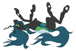 Size: 4500x3000 | Tagged: source needed, safe, artist:waffleberry, queen chrysalis, changeling, changeling queen, absurd resolution, female, horses doing horse things, on back, simple background, solo