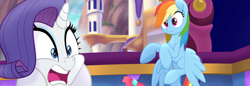 Size: 1360x467 | Tagged: safe, derpibooru import, screencap, rainbow dash, rarity, pegasus, pony, unicorn, my little pony: the movie, faic, flying, frown, gasp, nose wrinkle, open mouth, spread wings, squishy cheeks, wide eyes, wings