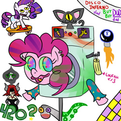 Size: 2000x2000 | Tagged: artist needed, dead source, safe, pinkie pie, rarity, cyclops, earth pony, giraffe, pony, unicorn, 420, bizarre, carrot, not salmon, skateboard, sock puppet, surreal, tentacles, third eye, washing machine, wat, what has science done