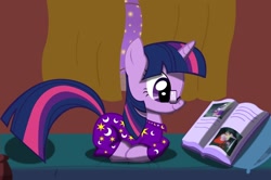 Size: 1168x774 | Tagged: safe, artist:volt229, derpibooru import, rarity, spike, twilight sparkle, dragon, pony, unicorn, book, clothes, glasses, golden oaks library, pajamas, reading