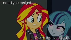 Size: 1280x714 | Tagged: safe, edit, edited screencap, screencap, sonata dusk, sunset shimmer, equestria girls, rainbow rocks, caption, female, implied sex, innuendo, inxs, lyrics, out of context, parody, rapeface, shipping, sunata