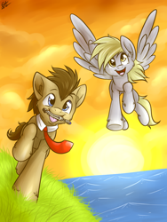 Size: 768x1024 | Tagged: safe, artist:fizzy-dog, derpy hooves, doctor whooves, pegasus, pony, doctor who, female, flying, grass, mare, mouth hold, sonic screwdriver, sunset