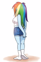 Size: 2362x3507 | Tagged: safe, artist:sumin6301, derpibooru import, rainbow dash, equestria girls, ass, breasts, clothes, female, midriff, missing shoes, rainboob dash, rainbutt dash, rear view, shorts, socks, solo