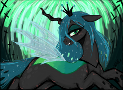 Size: 1232x896 | Tagged: safe, artist:vetallie, queen chrysalis, changeling, changeling queen, eyeshadow, fangs, floppy ears, legitimately amazing mspaint, lidded eyes, looking at you, makeup, ms paint, open mouth, prone, smiling, solo