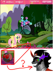 Size: 655x900 | Tagged: safe, fluttershy, king sombra, parasprite, pegasus, pony, unicorn, swarm of the century, spoiler:s03, antagonist, game, hubworld, official, online, the hub