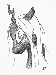 Size: 2222x2987 | Tagged: safe, artist:sigridmarialer, queen chrysalis, changeling, changeling queen, monochrome, pointillism, simple background, solo, traditional art