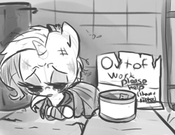 Size: 1650x1275 | Tagged: dead source, safe, artist:tess, rarity, pony, unicorn, begging, hobo, homeless, monochrome, sad, sketch, solo