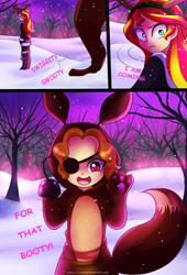 Size: 1887x2782 | Tagged: safe, artist:jacky-bunny, adagio dazzle, sunset shimmer, fox, moose, equestria girls, rainbow rocks, adoragio, clothes, costume, crossover, cute, eyes on the prize, fangs, five nights at freddy's, foxy, frown, open mouth, pirate, smiling, snow, snowfall, swiggity swag, swiggity swooty, wide eyes, winter