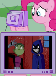 Size: 563x771 | Tagged: safe, pinkie pie, pony, beast boy, exploitable meme, meme, no mouth, raven (teen titans), teen titans, tv meme