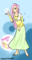 Size: 800x1500 | Tagged: safe, artist:thelifeofabinder, fluttershy, butterfly, human, clothes, female, hair over one eye, humanized, long skirt, skirt, solo