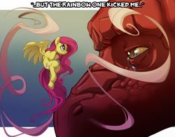 Size: 1100x864 | Tagged: safe, artist:noben, basil, fluttershy, dragon, pegasus, pony, dragonshy, crying, quote, scene interpretation, size difference