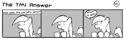 Size: 1280x404 | Tagged: safe, artist:tetrapony, derpy hooves, pegasus, pony, comic:the daily derp, comic, female, mare, monochrome, solo, the tmi answer