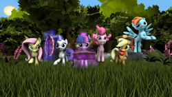 Size: 3840x2160 | Tagged: safe, artist:empireoftime, derpibooru import, applejack, fluttershy, pinkie pie, rainbow dash, rarity, twilight sparkle, earth pony, pegasus, pony, unicorn, 3d, female, flying, grass, magic, mane six, mare, outdoors, smiling, source filmmaker, sun, tree