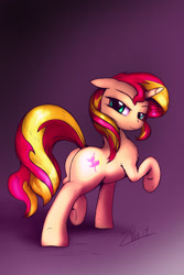 Size: 1024x1536 | Tagged: safe, artist:zoarvek, sunset shimmer, pony, unicorn, bedroom eyes, butt, female, looking back, mare, newbie artist training grounds, plot, raised hoof, raised tail, solo, underhoof