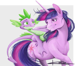 Size: 900x787 | Tagged: safe, artist:kez, derpibooru import, spike, twilight sparkle, dragon, pony, unicorn, female, mare