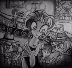 Size: 3488x3320 | Tagged: safe, artist:willisninety-six, derpy hooves, lyra heartstrings, rarity, pegasus, pony, unicorn, female, mare, monochrome, sunset boulevard