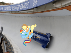 Size: 525x393 | Tagged: safe, derpibooru import, applejack, rainbow dash, bobsled, irl, olympics, photo, ponies in real life