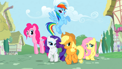 Size: 1440x810 | Tagged: safe, derpibooru import, applejack, fluttershy, pinkie pie, rainbow dash, rarity, earth pony, pegasus, pony, unicorn, intro, saturated