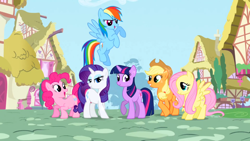 Size: 1440x810 | Tagged: safe, derpibooru import, applejack, fluttershy, pinkie pie, rainbow dash, rarity, twilight sparkle, earth pony, pegasus, pony, unicorn, intro, mane six