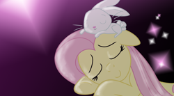 Size: 1332x736 | Tagged: safe, artist:lunarcakez, angel bunny, fluttershy, pegasus, pony, female, mare, sleeping