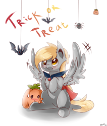 Size: 1500x1765 | Tagged: safe, artist:tomat-in-cup, derpy hooves, bat, pegasus, pony, spider, chest fluff, female, halloween, holiday, jack-o-lantern, mare, pumpkin, signature, simple background, spread wings, white background, wings