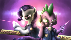 Size: 1920x1080 | Tagged: safe, artist:fongsaunder, rarity, spike, dragon, pony, unicorn, bipedal, clothes, crime scene, police badge, police tape, sunglasses