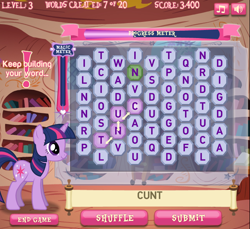 Size: 650x596 | Tagged: safe, derpibooru import, twilight sparkle, cunt, game, twilight sparkle's magical mysteries, vulgar