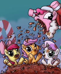 Size: 905x1100 | Tagged: safe, artist:professor-ponyarity, apple bloom, pinkie pie, scootaloo, sweetie belle, pony, shrimp, behaving like a bird, clothes, cutie mark crusaders, faic, gigawat, not salmon, ponies eating meat, ponies eating seafood, santa costume, wat, wtf