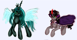 Size: 1255x647 | Tagged: safe, artist:fanaticpanda, king sombra, queen chrysalis, changeling, changeling queen, pony, unicorn, black mane, male, sharp teeth, sombra eyes, stallion