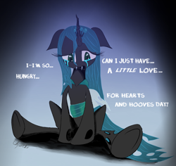 Size: 2400x2264 | Tagged: safe, artist:chopsticks, queen chrysalis, changeling, changeling queen, bronybait, crying, female, gradient background, hearts and hooves day, hungry, love, open mouth, sad, simple background, solo, text