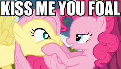 Size: 818x466 | Tagged: safe, edit, edited screencap, screencap, fluttershy, pinkie pie, earth pony, pegasus, pony, too many pinkie pies, bedroom eyes, face grab, female, flutterpie, image macro, kiss me, lesbian, mare, shipping, squishy cheeks