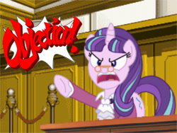Size: 400x300 | Tagged: safe, artist:rioumcdohl26, snowfall frost, starlight glimmer, pony, unicorn, a hearth's warming tail, ace attorney, courtroom, manfred von karma, miles edgeworth, objection, prosecutor