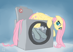 Size: 1904x1371 | Tagged: safe, artist:gsphere, fluttershy, pegasus, pony, breaking the law, gradient background, solo, washing machine, wet, wet mane