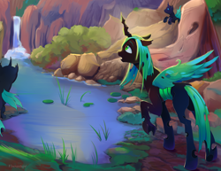 Size: 2200x1700 | Tagged: safe, artist:viwrastupr, queen chrysalis, changeling, changeling queen, female, flying, lake, looking up, open mouth, scenery, water, waterfall