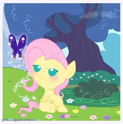 Size: 800x807 | Tagged: safe, artist:freewingss, fluttershy, butterfly, pegasus, pony, baby, baby pony, babyshy, cute, filly, flower, foal, shyabetes, solo, tree