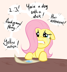 Size: 500x535 | Tagged: safe, artist:shoutingisfun, fluttershy, pegasus, pony, abuse, autistic fluttershy, background pony strikes again, bully, bullying, crying, flutterbuse, implied futashy, insult, op is a cuck, op is fluttershy