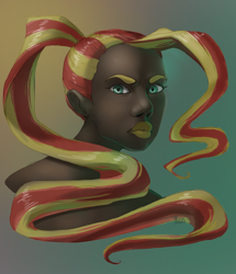 Size: 884x1028 | Tagged: safe, artist:moo, sunset shimmer, human, alternate hairstyle, bust, dark skin, humanized, portrait, solo