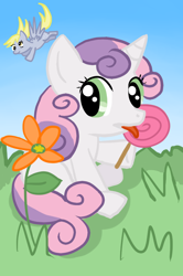 Size: 566x850 | Tagged: safe, artist:sheimii, derpy hooves, sweetie belle, pegasus, pony, female, mare