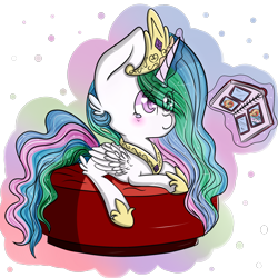 Size: 2000x2000 | Tagged: safe, artist:kyou-shi, princess celestia, sunset shimmer, alicorn, pony, bed, blushing, chibi, crying, cute, levitation, magic, photo album, prone, smiling, solo, telekinesis