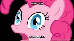 Size: 700x393 | Tagged: safe, artist:flizzick, pinkie pie, earth pony, pony, are you a wizard, black background, exploitable meme, meme, memegenerator, simple background, solo