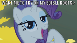 Size: 640x360 | Tagged: safe, rarity, pony, unicorn, emergency edible boots, female, horn, image macro, mare, white coat