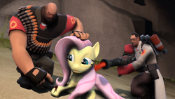 Size: 1600x900 | Tagged: safe, artist:doctorwhooves, fluttershy, human, pegasus, pony, 3d, blood, crossover, gmod, healing, heavy weapons guy, medic, medigun, pointing, source filmmaker, team fortress 2, trio