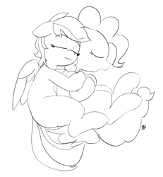 Size: 1280x1385 | Tagged: safe, artist:pabbley, derpibooru import, pinkie pie, rainbow dash, earth pony, pegasus, pony, 30 minute art challenge, cuddling, cute, female, lesbian, monochrome, pabbley is trying to murder us, pinkiedash, shipping, sketch, sleeping, spooning