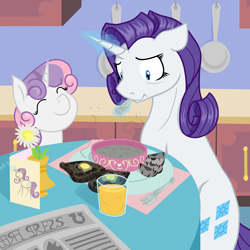 Size: 2000x2000 | Tagged: safe, artist:geomancing, rarity, sweetie belle, pony, unicorn, breakfast, breakfast is ruined, duo, duo female, female, foal free press, juice, lethal chef, newspaper, scrunchy face, sisters, sweetie belle can't cook, sweetie fail, this will end in tears and/or breakfast, toast