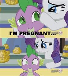 Size: 842x948 | Tagged: safe, edit, edited screencap, screencap, rarity, spike, dragon, pony, unicorn, caption, comic, female, male, mare, out of context, pregnant, screencap comic, shipping, sparity, straight