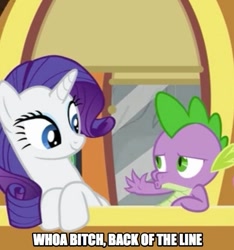 Size: 534x570 | Tagged: safe, edit, edited screencap, screencap, rarity, spike, dragon, pony, unicorn, caption, female, male, mare, train, vulgar