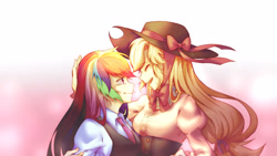 Size: 3200x1800 | Tagged: safe, artist:signiroha, derpibooru import, applejack, rainbow dash, human, appledash, female, hat, humanized, lesbian, shipping